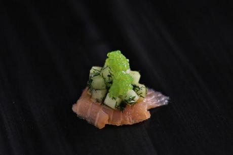 Salmon with cucumber, dill & wasabi pearls # 53
