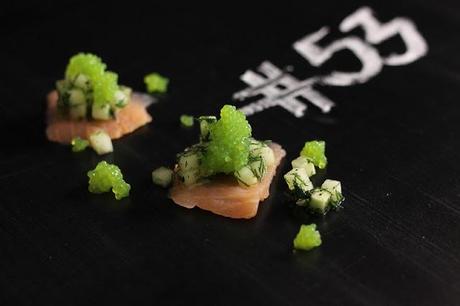 Salmon with cucumber, dill & wasabi pearls # 53