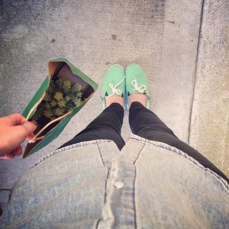 NookAndSea-Blog-Chambray-Shirt-Button-Down-Top-Green-Shoes-Black-Pants-Paper-Bag-Succulent-Sidewalk
