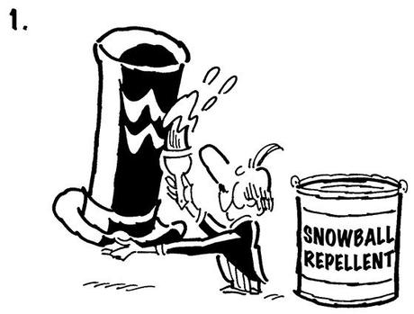 Panel #1 of Four panel B&W gag cartoon showing distinguished gentleman brushing snowball repellent onto his top hat before going for walk, mean little kid tries to knock off hat with snowball but hat repels snowball and it smacks kid in face