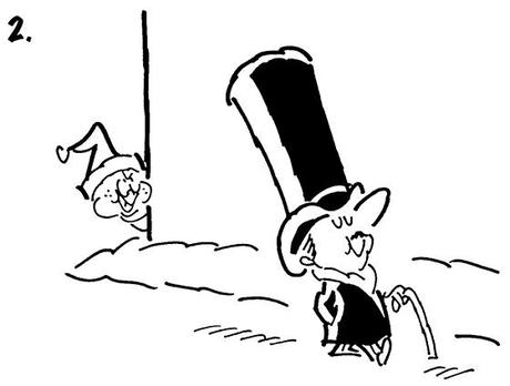 Panel #2 of Four panel B&W gag cartoon showing distinguished gentleman brushing snowball repellent onto his top hat before going for walk, mean little kid tries to knock off hat with snowball but hat repels snowball and it smacks kid in face