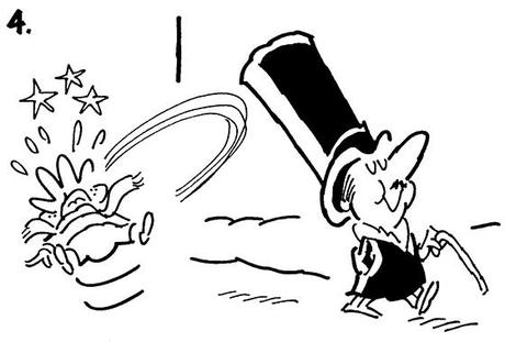 Panel #4 of Four panel B&W gag cartoon showing distinguished gentleman brushing snowball repellent onto his top hat before going for walk, mean little kid tries to knock off hat with snowball but hat repels snowball and it smacks kid in face