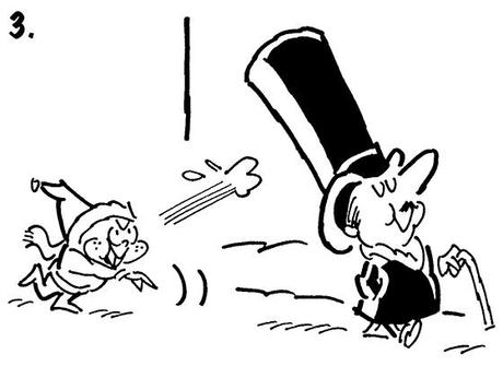 Panel #3 of Four panel B&W gag cartoon showing distinguished gentleman brushing snowball repellent onto his top hat before going for walk, mean little kid tries to knock off hat with snowball but hat repels snowball and it smacks kid in face