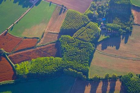 A boot shaped patchwork farm seen while hot air ballooning over Costa Brava, Catalunya, Spain.