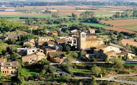Village seen while hot air ballooning over Costa Brava, Catalunya, Spain.