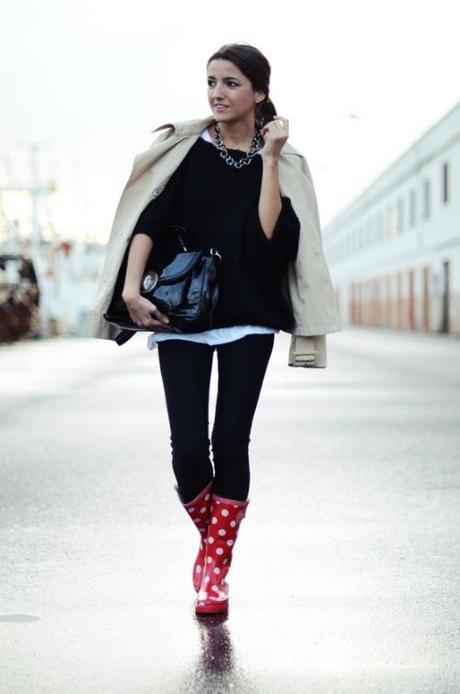 Rainy Day Outfit - Red Boots- Polka - Dot