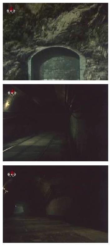 Images of a tunnel entrance (top) and tunnel leading to the nuclear detonation site.  These images appeared in episode 4 of the 2009 Korea Film Studios' feature The Country I Saw, which included a depiction of the 25 May 2009 nuclear test  