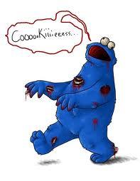 Cookie monster looking like a zombie with the caption 'coooookieeees'