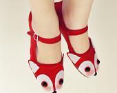 Red Fox Shoes - Fox Face Mary Janes - Ladies Size 9 - emandsprout Red Fox Shoes - Fox Face Mary Janes - Ladies Size 9 - emandsprout