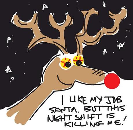 Draw Something app image for word ANTLERS showing Rudolph Red-nosed Reindeer complaining to Santa about working the night shift