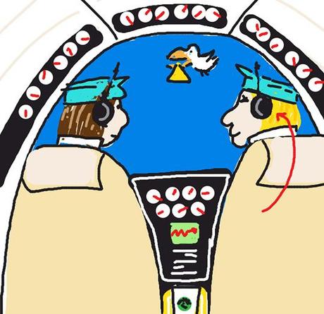 Draw Something image for word HEADSET showing airplane cockpit with pilot and co-pilot and stork with baby bundle flying past window
