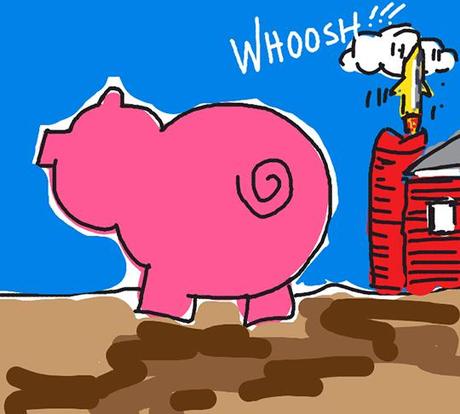 Draw Something image for word PIG showing pig walking across barnyard with barn in background with missile being launched up out of silo