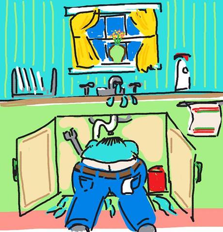 Draw Something image for word PLUMBER showing repairman with tools bent under kitchen sink with his pants riding down exposing his butt crack