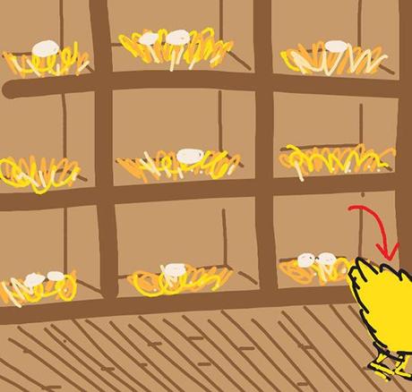 Draw Something image for word CHICKEN showing chicken coop with nests filled with eggs and part of chicken
