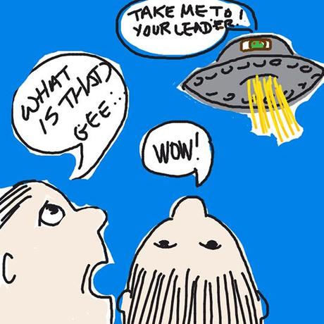 Draw Something image for word UFO showing two guys looking up at spaceship which is broadcasting message, 