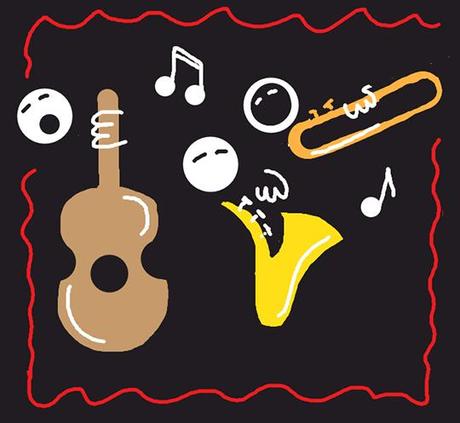 Draw Something image for word JAZZ showing collage of musical instruments, guitar, sax, trombone, musical notes, and singing heads