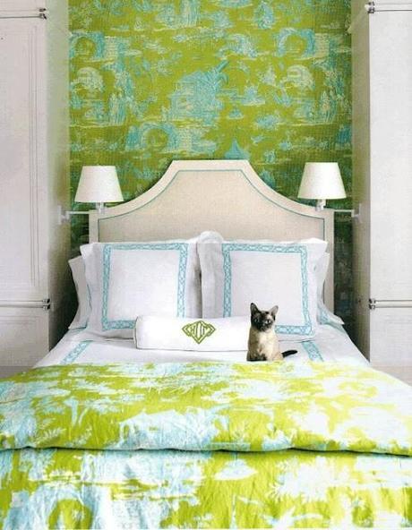 lime green bedding and wallpaper