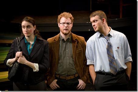 (left to right) Christina Gorman, Steve Peebles and Drew Schad in Shattered Globe Theatre’s Chicago premiere of HAPPY NOW? by Lucinda Coxon, directed by Artistic Director Roger Smart.  Photo by Kevin Viol.