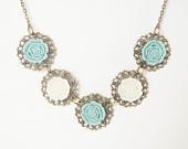 Aqua and White Flower Vintage Bronze Necklace - Roses, Light Blue, For Her, Gift Idea - CoolWaterGems