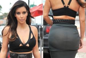 Kim K wearing a bra shirt and a pencil skirt sans Spanx