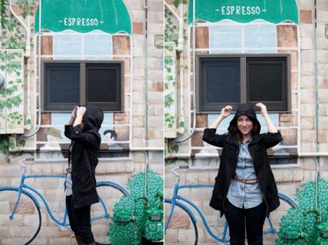 NookAndSea-Sorella-Muse-Photography-The-Portraiteer-Hood-Black-Jacket-Rainy-Day-Brown-Belt-Chambray-Shirt-Jean-Denim-Paint-Bicycle-Blue-Mural-Wall