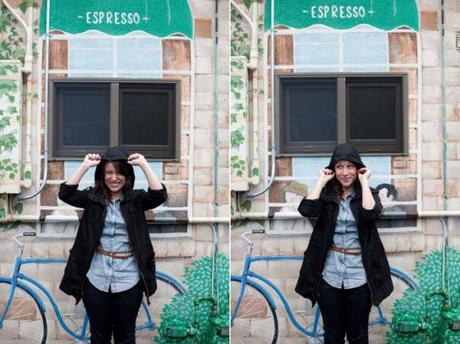 NookAndSea-Sorella-Muse-Photography-The-Portraiteer-Hood-Black-Jacket-Rainy-Day-Brown-Belt-Chambray-Shirt-Jean-Denim-Paint-Bicycle-Blue-Mural-Wall-2