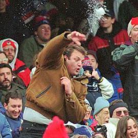 Fans acting rude and dangerous at 1995 New York Giants game. Jeffrey Lange is the diuche in the photo. He became face of the ugly semi riot
