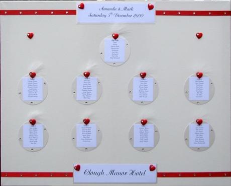  wedding seating plan with red hearts