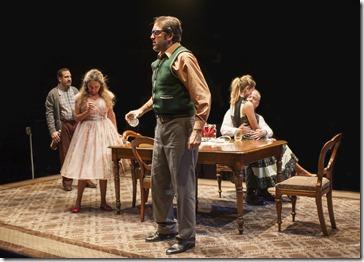 (center) Stanley (ensemble member Ian Barford) celebrates his birthday with (left to right) McCann (Marc Grapey), Meg (ensemble member Moira Harris), Lulu (Sophia Sinise) and Goldberg (ensemble member Francis Guinan) in Steppenwolf Theatre Company’s production of The Birthday Party by Harold Pinter, directed by ensemble member Austin Pendleton. 