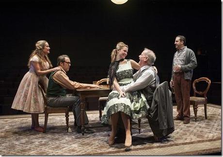 (second from left) Stanley’s (ensemble member Ian Barford) birthday party continues with (left to right) Meg (ensemble member Moira Harris), Lulu (Sophia Sinise), Goldberg (ensemble member Francis Guinan) and McCann (Marc Grapey) in Steppenwolf Theatre Company’s production of The Birthday Party by Harold Pinter, directed by ensemble member Austin Pendleton. 