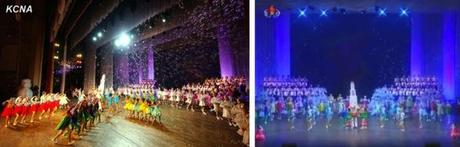 10 February 2013 Lunar New Year's concert including a musical number including costumed character that anthropomorphizes the U'nha-3 rocket (Photos: KCNA/KCTV screengrab)