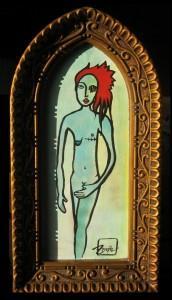 Framed painting of blue figure with red hair and androgynous body