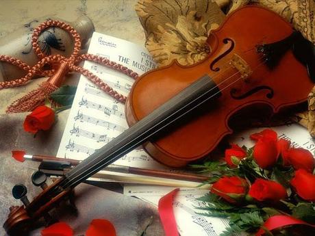violin, roses, music