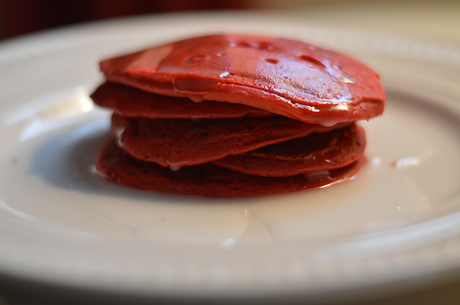 Red Velvet Pancakes with Powdered Sugar Glaze