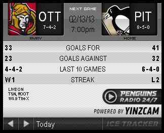 Game 14 : Penguins vs. Senators : 02.13.13 : Live Game Thread!