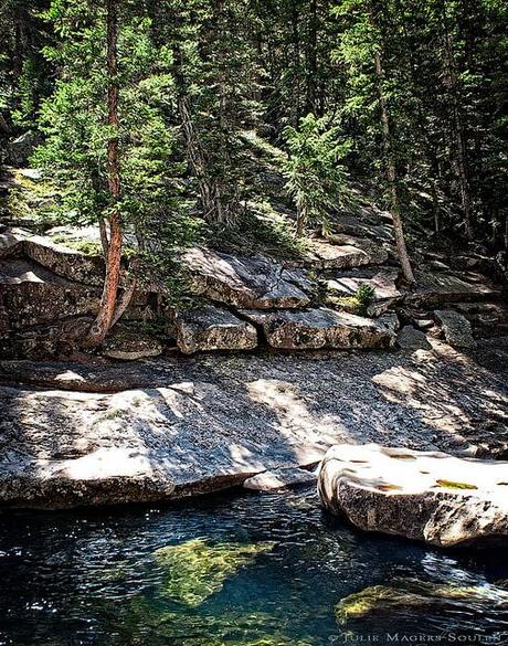 The Roaring Fork River is banked by rocky granite outcrops and a woodland pine forest.
