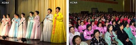 Performances (L) and participants (R) at a meeting held by the Korean Democratic Women's Union at the Women's Hall in central Pyongyang on 14 February 2013 to commemorate Kim Jong Il's birthday (Photos: KCNA)