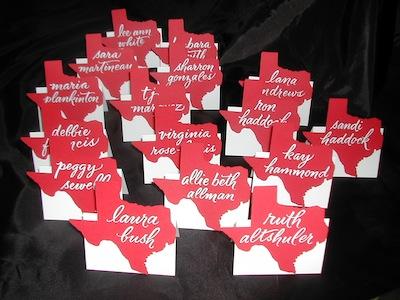 calligraphy, calligraphy on place cards, lettering art studio, debi sementelli, calligraphy on texas shaped place cards, go red for women, hand lettering, brush lettering, best selling fonts, top selling fonts, calligraphy font, script font, cursive font, wedding font, fonts for invitations, fonts for weddings