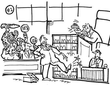 cartoon illustration for strange lawsuit shoe designer Charles Philip sued Gap for selling cheap knockoff of his trademark luxury loafers; lawyers pointing to shoe which is hurting his foot; judge shining his shoes; jury holding up shoes with shoe size signs; clown holding up long shoe with size 38