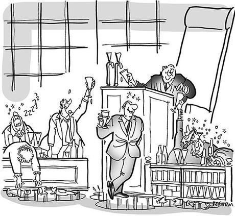 cartoon illustration for strange lawsuit involving prison inmates who are suing beer and liquor companies because failed to warn inmates that alcohol was addictive which led them to poor choices and life of crime; judge dispensing beer from bench, inmates, lawyer, and jury all drinking excessively