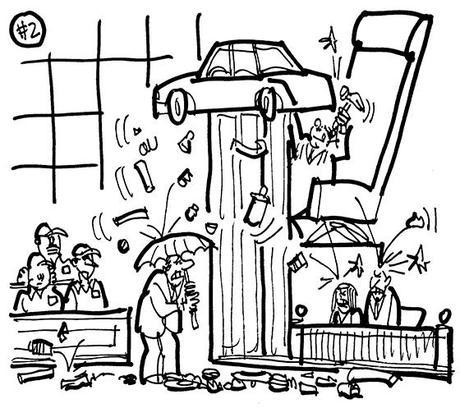 cartoon illustration for strange lawsuit involving couple suing Ford Motor Company because replacement for defective car was unsatisfactory; judge's bench serving as hydraulic lift, judge working on car like mechanic, auto parts raining down on lawyer and witnesses, jury members dressed as auto mechanics