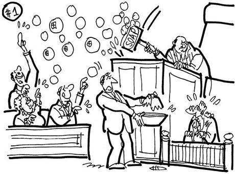 cartoon illustration for strange lawsuit American Apparel store manager sued company CEO for verbally abusing him and shoving dirt in his face; lawyer offering wash basin and towel to witness with dirty face and clothes; judge banging gavel that is bar of soap; jury members popping resulting soap bubbles