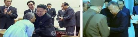 Kim Jong Un presents a gold wristwatch at a February 2013 ceremony (L) and his late father Kim Jong Il presents a Swiss watch to a member of the Guard Command in July 2011 (R) (Photos: KCNA-Yonhap, KCTV screengrab)