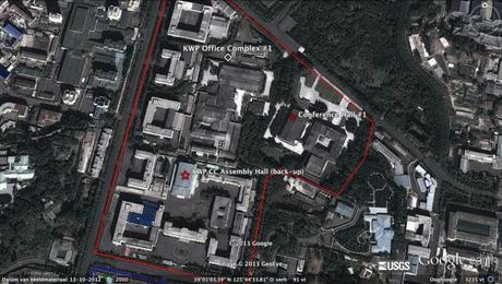 Area of the KWP Central Committee #1 Office Complex in central Pyongyang, showing two possible venues for watch presentation ceremony.  The ceremony likely occurred in the structure marked Conference Hall #1. (Photo: Google images; lines and placemarks by Michael Madden/NKLW)