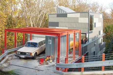 Rectangular red-framed open garage