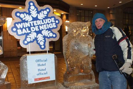 Bob stands beside Winterlude - ice sculptured Owl