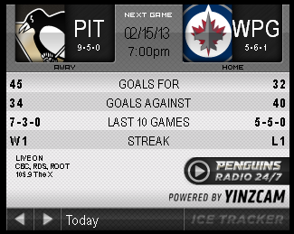 Game 15 : Penguins @ Jets : 02.15.13 : Live Game Thread