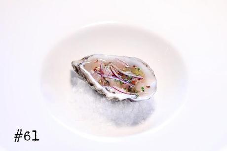 Oyster with grapefruit, onion, chili & chives # 61