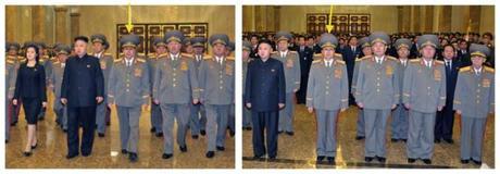 Jang Song Taek (in a KPA dress uniform) at KJU's visit to Ku'msusan on 16 Feburary 2013 (L) and on 24 December 2012 (R) (Photos: Rodong Sinmun)