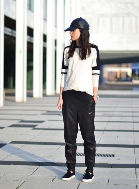 outfit baggy leather pants cap sporty celine like vans